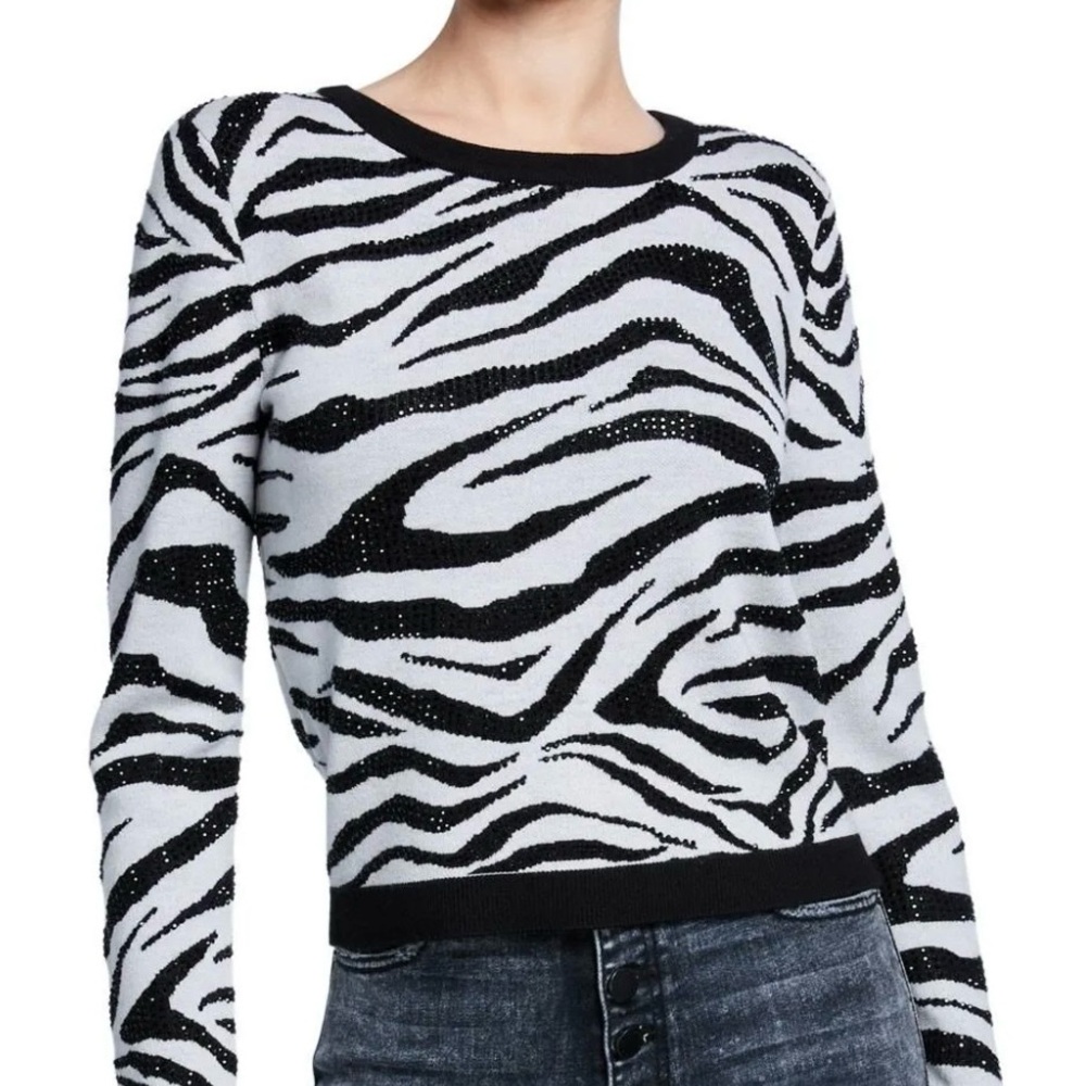 Alice + Olivia Black and White Zebra Sweater with subtle black crystal detail